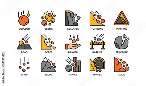 Rockfall hazard icons set depicting danger, debris, slope collapse, and tunnel impact with barriers