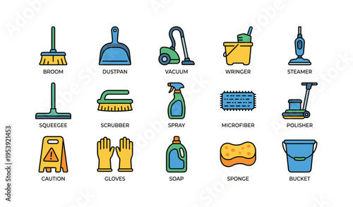 Essential cleaning tools: broom, vacuum, steamer, and more icons