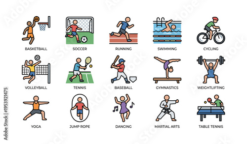 Cartoon illustrations of various sports activities