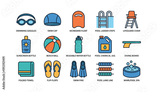 Swimming gear and pool equipment icons including goggles, kickboard, ladder, lifeguard chair