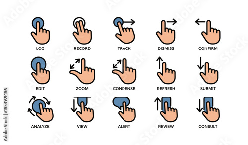 Hand gesture icons for touchscreen interactions and navigation