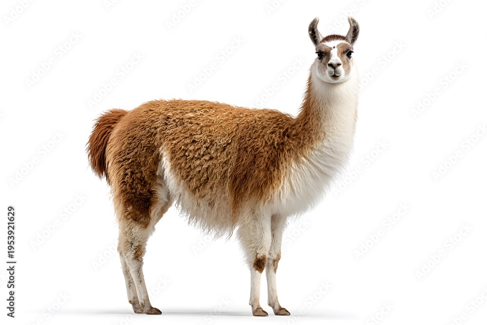 Naklejka premium A llama stands elegantly on a white background
