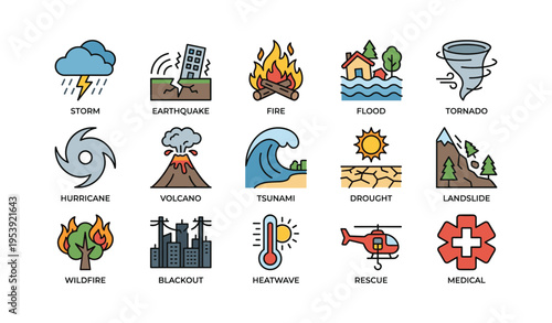 Natural disaster icons: storm, earthquake, volcano, and more illustrated
