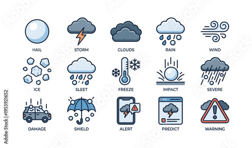 Weather icons set: hail, storm, clouds, rain, wind, ice, sleet, freeze, impact, severe