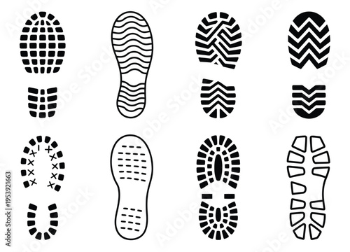 Footprints and footmarks in black ink on a clean white surface, realistic vector illustrations showing human and animal tracks