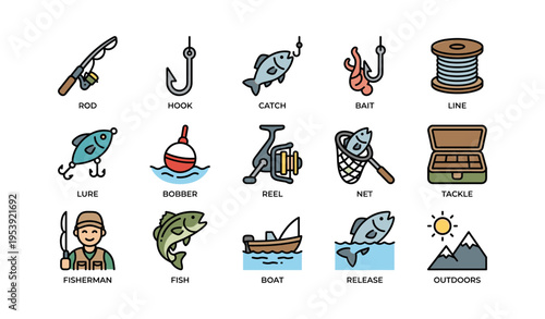 Fishing equipment and activities icon set with various tools and fish illustrations