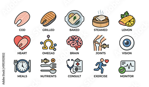 Healthy eating icons highlighting seafood, nutrition, and health benefits
