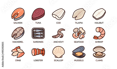 Assorted seafood icons featuring fish, shellfish, and crustaceans