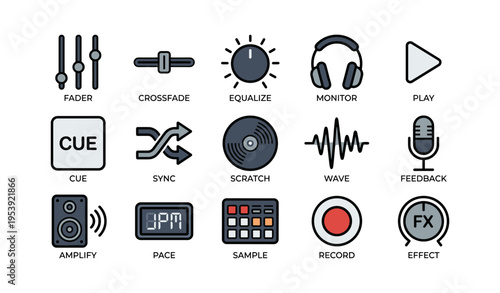 Audio equipment icons: fader, crossfade, headphones, microphone, wave, amplify, record