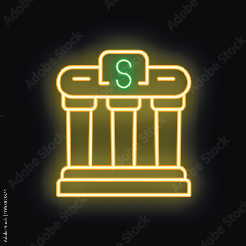 Vibrant neon sign illuminating a classic bank building, perfect for conveying financial stability and business growth