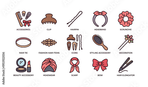 Collection of fashion hair accessories and styling items icons