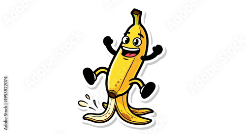 Happy cartoon banana character peeling itself with joy, funny fruit illustration