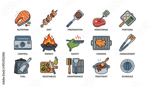 Illustrated guide to cooking elements: nutrition, safety, techniques, energy, management