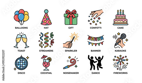 Colorful celebration icons with balloons, cake, and party elements