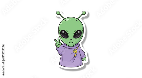 Cute alien character with peace sign, cartoon, funny, extraterrestrial, science fiction, cute character