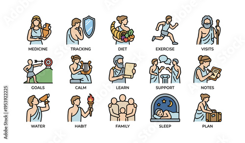 Cartoon icons depicting various aspects of greek lifestyle and daily activities