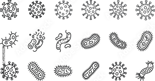 Virus and Bacteria Icon Set in Line Style Featuring Microorganisms, Germs, Pathogens, and Microbes for Medical, Healthcare, Science, and Laboratory Design Use
