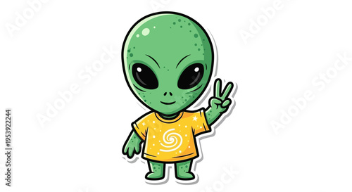 Cute Cartoon Alien Waving Peace Sign, Yellow T-Shirt, Space Theme
