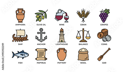 Collection of iconic ancient symbols featuring amphora, olive oil, wine, grain, grapes, ship, anchor, and more