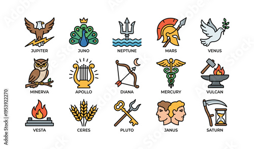 Greek and roman deities icons: jupiter, juno, neptune, mars, venus, minerva, apollo, diana, mercury