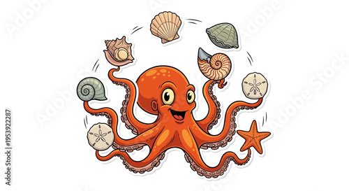 Happy Octopus Juggling Seashells and Marine Life