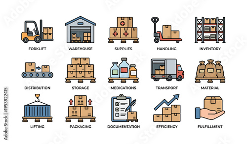 Logistics and warehouse operations: forklift, storage, transportation, packaging, inventory management
