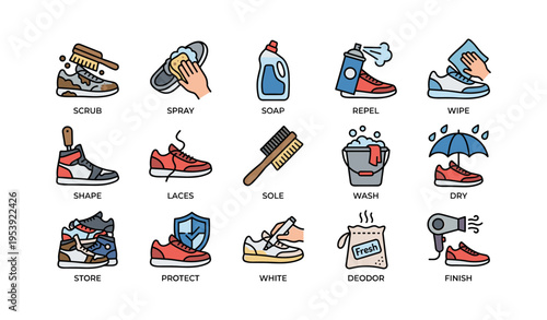 Shoe cleaning and maintenance icons: brushes, sprays, soap, protection, drying, and more