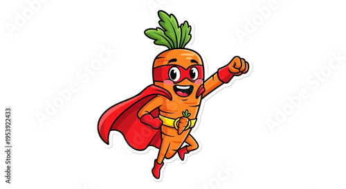 Superhero Carrot Flying with Cape, Healthy Food Character, Cartoon Style