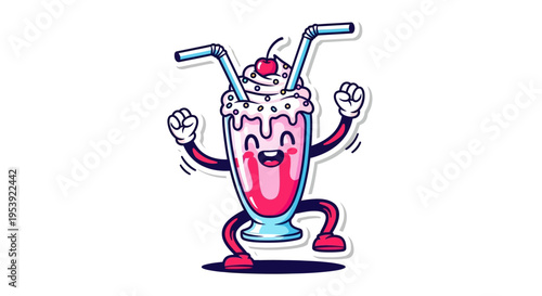 Happy Cartoon Milkshake Dancing with Straws and Cherry