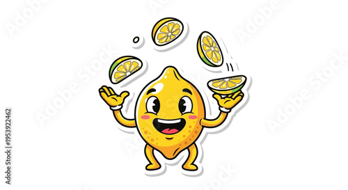 Happy Lemon Character Juggling Slices, Fun Fruit Cartoon