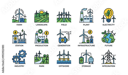 Renewable energy icons set featuring wind turbines and solar panels