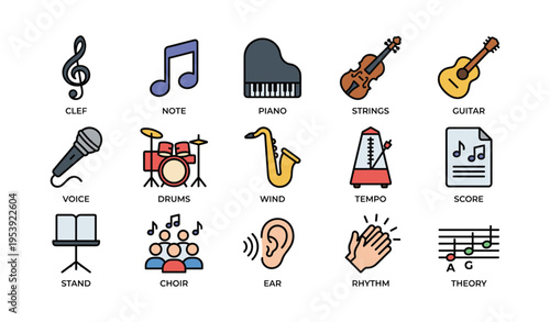 Musical instruments and symbols: piano, violin, guitar, drums, and more