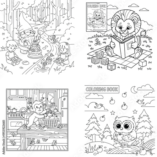 Cute animal coloring book pages with lion reading and monkey cooking in the kitchen line art set