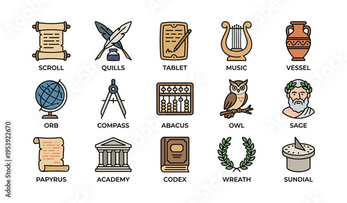 Historical artifacts and symbols: scroll, quills, tablet, music, vessel, orb, compass, abacus