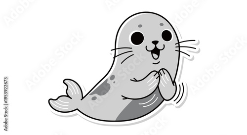 Cute cartoon seal character, happy and smiling, waving flippers, isolated on white