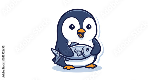 Cute cartoon penguin holding a fish, isolated on white background