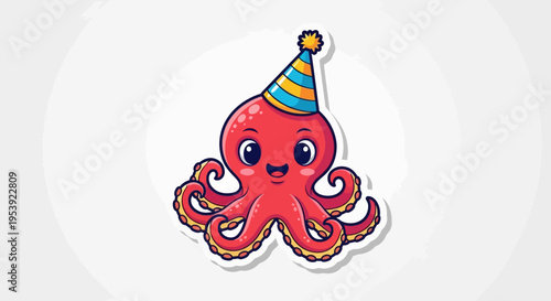 Cute Cartoon Octopus Wearing Party Hat, Happy Birthday Celebration