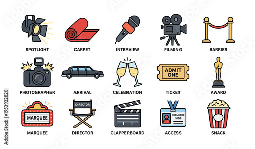 Entertainment icons: spotlight, carpet, interview, filming, ticket, award