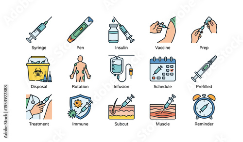 Medical icons: syringe, insulin, vaccine, infusion, reminder schedule