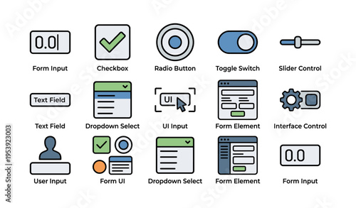 User interface elements for web design: icons of form input, checkbox, radio button, and more