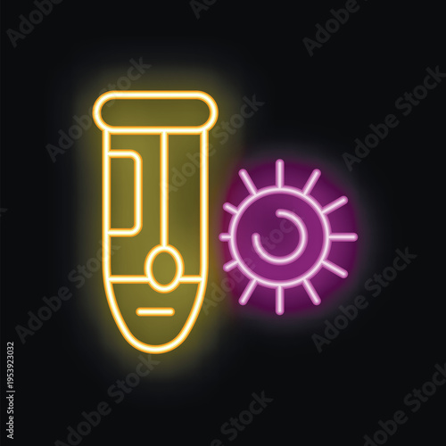 Glowing neon icon of laboratory test tube with blood sample for detecting virus infection