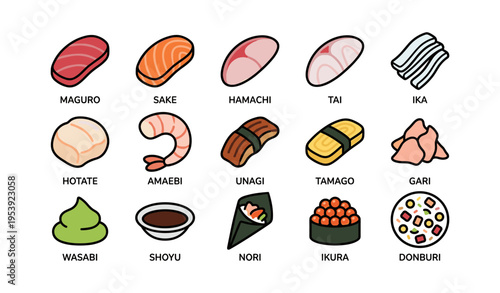 Assorted japanese sushi icons with fish, rice, and condiments on white background