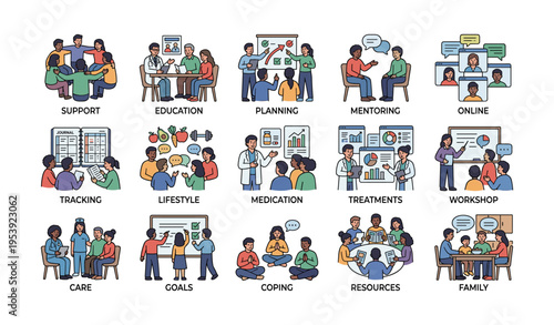 Diverse group participating in various support and education workshops and activities