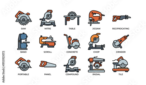 Collection of various power saws illustrated with labels
