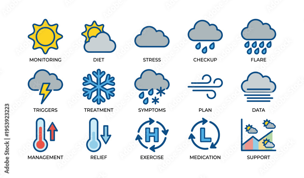 Obraz premium Weather and health icons featuring sun, clouds, rain, and health-related concepts illustrated in blue and yellow