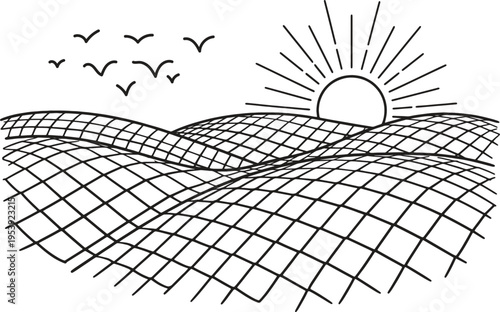 A minimalist black and white line art of a rolling grid landscape under a rising sun