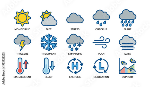 Weather and health icons featuring sun, clouds, rain, and health-related concepts illustrated in blue and yellow