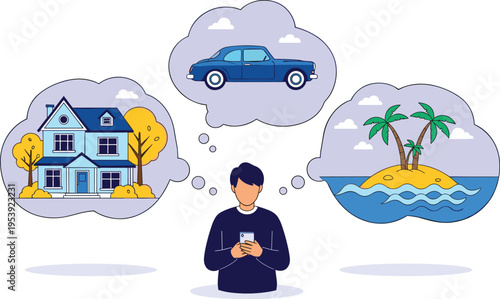 Man Dreaming About House Car and Vacation Island Financial Goals Concept Vector Illustration