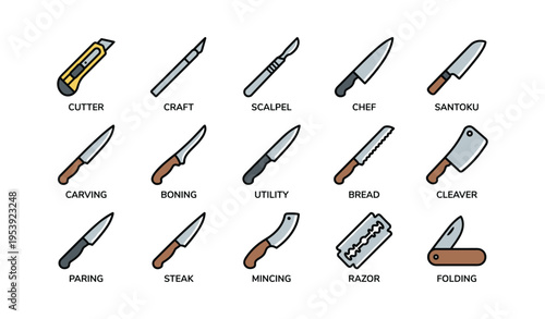 Collection of diverse knives for various culinary and crafting uses