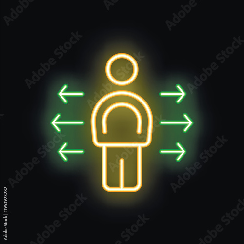 Yellow neon icon of a person with multiple green arrows pointing towards them on a black background